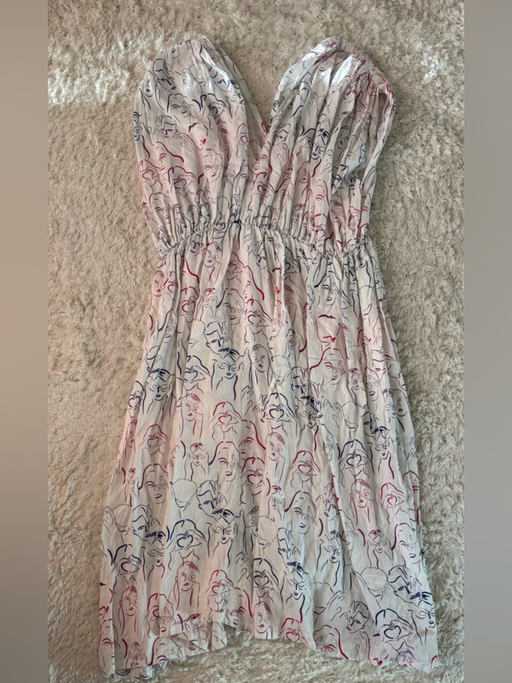 With Love, Jenny (os) White Summer Dress with Red & Blue face Sketch Print